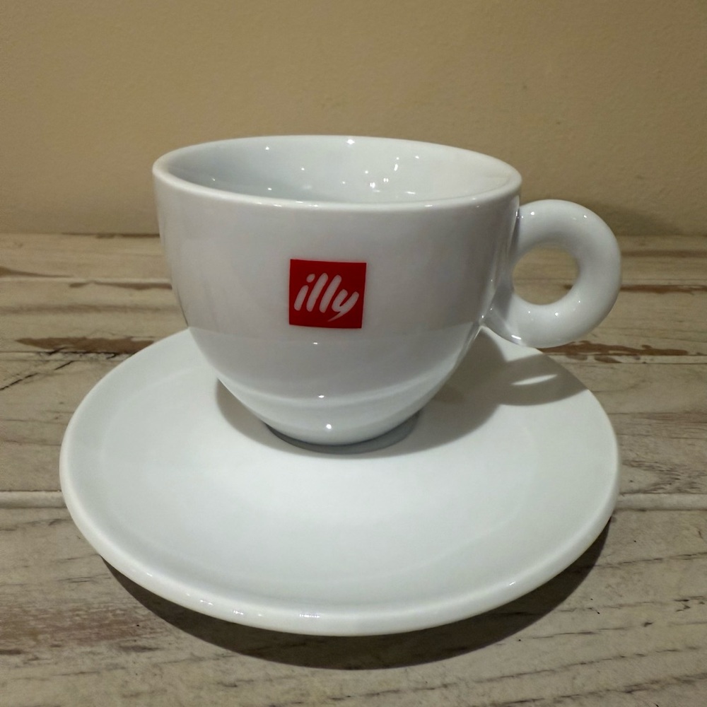 Illy Logo Cappuccino Cup and Saucer, White With Red Logo